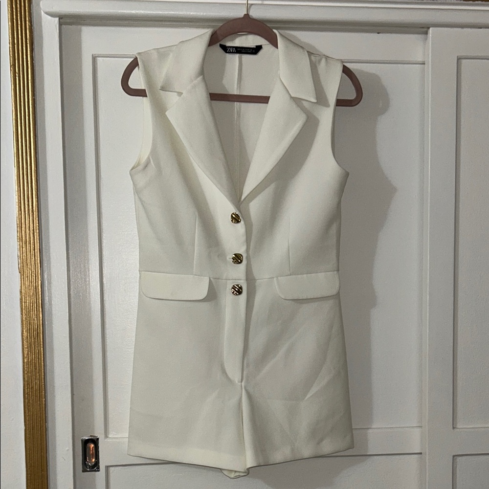 Zara Cream Sleeveless Blazer Romper with Gold Buttons